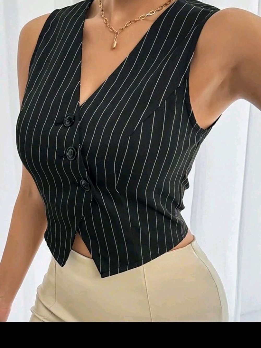 Sleeveless Pinstripe Button-Front Vest Top - Black